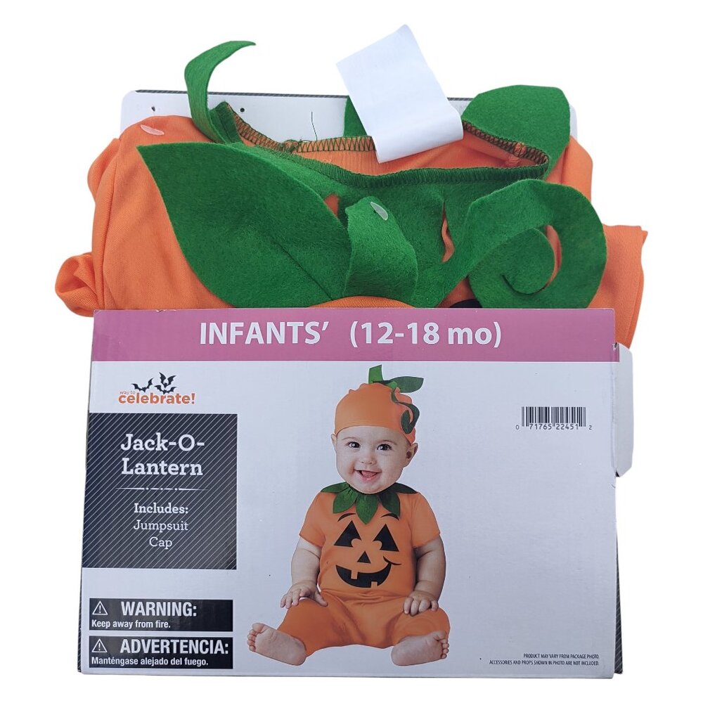 NEW Walmart Jack-O-Lantern Pumpkin Costume (Jumpsuit, Cap) Infant Size 12-18mo